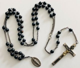 † Nun Early 1900s Antique Wooden Beads Habit Rosary W Miraculous Medal †