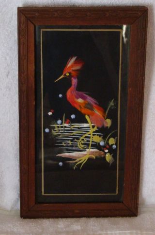 Vintage Mexican Folk Art Feathercraft Bird Feather Picture Carved Frame