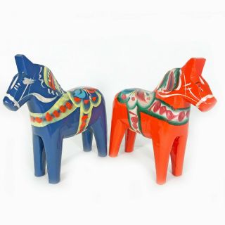 2 Nils Olsson Dala Horses 4 " One Red And One Blue With Labels Sweden