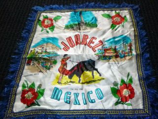 Vtg Juarez Mexico Satin Souvenir Pillow Cover Fringed Edge