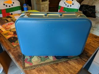 Vintage Blue Suitcase Train Travel Luggage Hard Shell Old