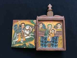 Old Ethiopian Coptic Orthodox Wood Icon double Triptych Painted Religious 5