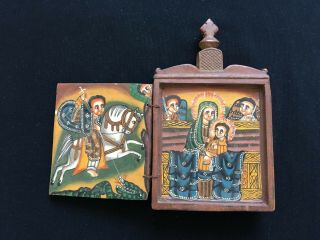 Old Ethiopian Coptic Orthodox Wood Icon double Triptych Painted Religious 6