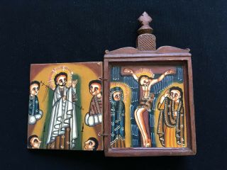 Old Ethiopian Coptic Orthodox Wood Icon double Triptych Painted Religious 7