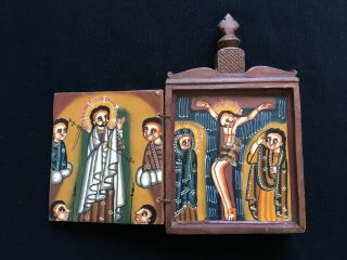 Old Ethiopian Coptic Orthodox Wood Icon double Triptych Painted Religious 8