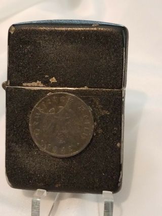 Wwii Black Crackle Zippo 2032075 14 Hole 3 Barrel With 1942 German Coin