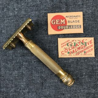 1920s Gillette Brass Safety Razor 3 - Piece Open Comb,  2 Gem Razor Blade Packs