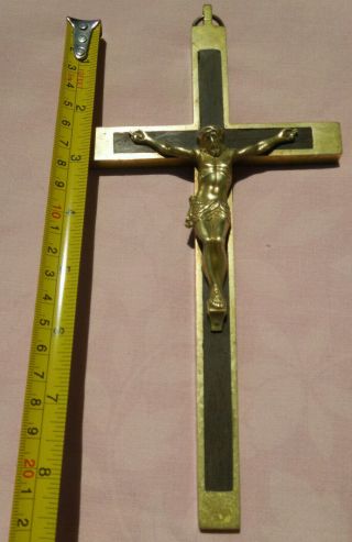 Antique French 9 " Nun Ebony Wood Inlay & Gold Brass Metal Wall Cross Crucifix