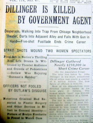 3 1934 Newspapers John Dillinger Killed In Chicago By Fbi Led By Melvin Purvis