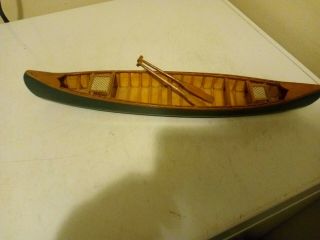 Vintage Hand Made Green 15 " Wooden Canoe With Paddles