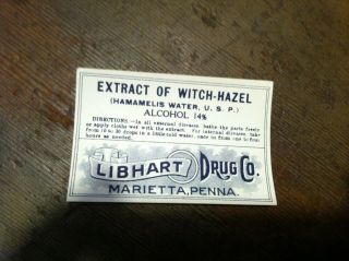 Old Marietta Pa Bottle Label Libhart Drug Co Extract Witch Hazel 14april