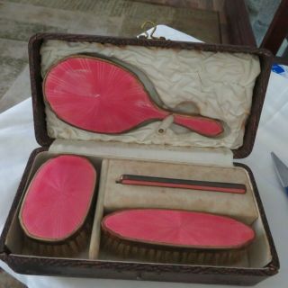 Lovely Vintage Travel Set With Plated Silver And Pink Enamel Guilloche