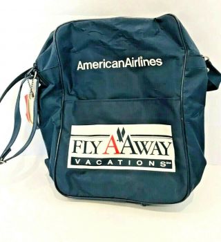 Vtg American Airlines Carry - On Flight Bag Blue Vinyl Zipper Fly Aaway Vacations