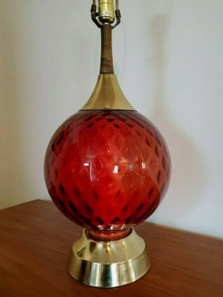 Vintage Mid Century Modern Red Glass & Brass Table Lamp Atomic Retro 33 "