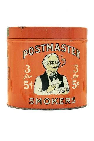 1926 Postmaster " Orange Litho 50 Humidor Cigar Tin In