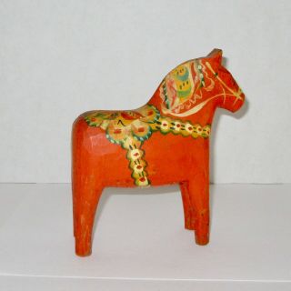 Dala Horse Wood Wooden Orange Carved Painted Folk Art Sweden 6 " Vintage
