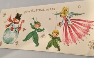 Vintage Mid Century Christmas Card Pink Angel Marionettes Snowman