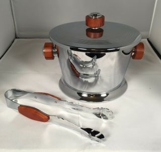Vintage Glo - Hill Canada Chrome And Butterscotch Bakelite Ice Bucket & Tongs Art