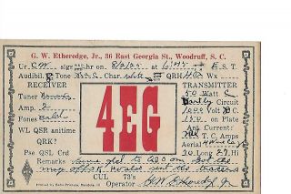 1925 4eg Woodruff S.  C.  Qsl Radio Card.  Mailed