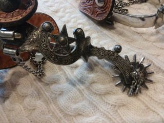 E.  Garcia Western Cowboy Spurs - Engraved Silver Detail & Tooled Leather Straps