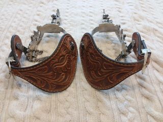 E.  Garcia Western Cowboy Spurs - Engraved Silver Detail & Tooled Leather Straps 3