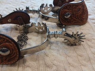 E.  Garcia Western Cowboy Spurs - Engraved Silver Detail & Tooled Leather Straps 4