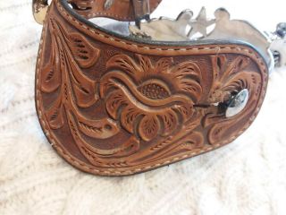 E.  Garcia Western Cowboy Spurs - Engraved Silver Detail & Tooled Leather Straps 7