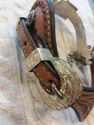 E.  Garcia Western Cowboy Spurs - Engraved Silver Detail & Tooled Leather Straps 9