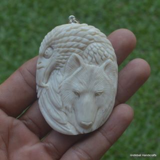 Eagle Wolf Carved 60mm In Deer Antler Carving Pendant W/ Silver Cp907