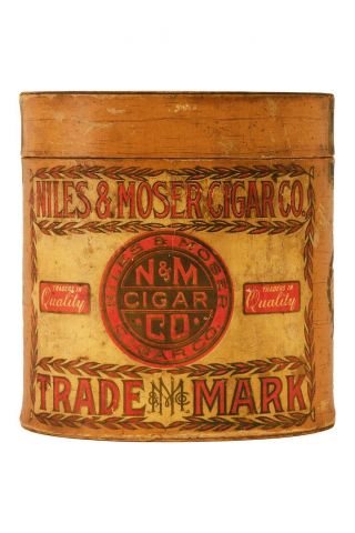 Scarce 1910s “niles & Moser " Paper Label Oval Cedar 25 Cigar Box In Good Cond