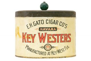 Rare 1917 " Key Westers " Litho Oval Humidor 50 Cigar Tin In Very Good Cond.