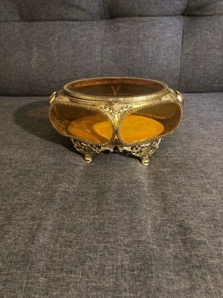 Vtg Gold Ormolu Filigree Amber Glass Jewelry Casket Box Matson Stylebuilt Nr