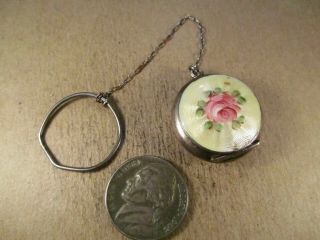 Antique Sterling Silver & Guilloche Enamel Small Compact W/ Ring,  7.  5g