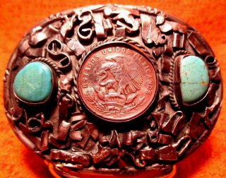 Art Deco Sterling Silver Mexican Coin & Turquoise Hand Made Belt Buckle
