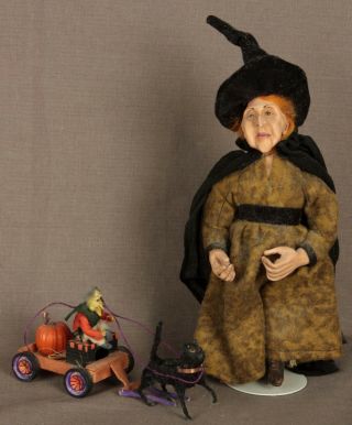 Ooak Polymer Clay Witch In Green Dress,  Black Cat Pulling Gremlin In Cart