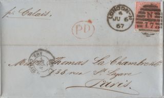 1867 Qv London Cover With A Sg94 4d Vermilion Stamp Pl 8 Sent To Paris Cat £150
