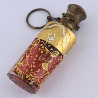 Antique Bohemian Cranberry Glass Hand Painted Gilt Chatelaine Perfume Bottle