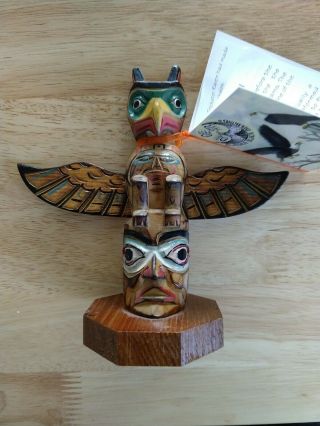 Alaska Black Diamond Hand Crafted Pole Totem Signed Vic Yeoda Eagles Painted 6 "