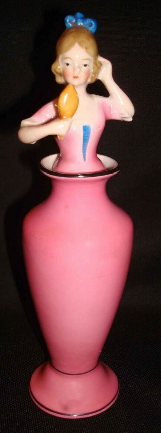 Vintage Art Deco Germany Pink Porcelain Figural Lady Mirror Perfume Scent Bottle