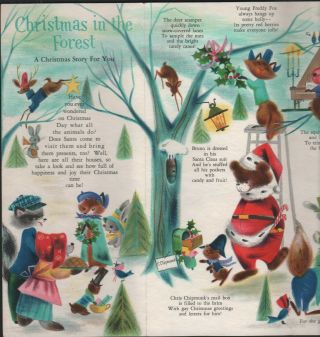Vtg Hallmar Greeting Christmas In Forest Card Wolf Bear Wear Santa Deer Animals