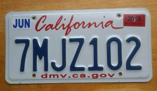 California License Plate Embossed Passenger Expired 2016 Number 7mjz102