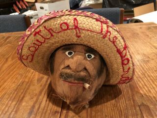 South Of The Border Carved Coconut Head With Sombrero - - South Carolina Souvenir