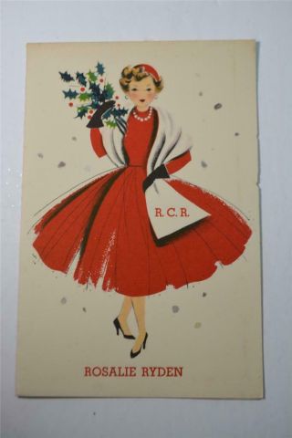 Vintage Christmas Card Mcm Girl In Full Red Dress W/ White Shawl,  Red Hat