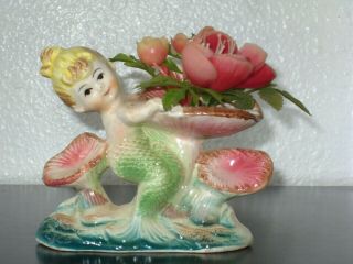 Vintage Japan Ceramic Porcelain Mermaid Bath Vanity Figurine W/plastic Flowers