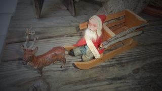Early German Santa Wood Sleigh Cart,  Lead German Reindeer Santa Blue Pants