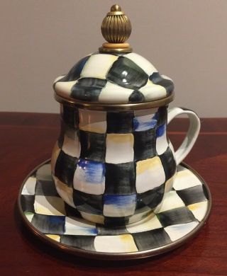Extremely Rare Mackenzie Childs Courtly Check Enamelware Cup/mug W/lid & Saucer