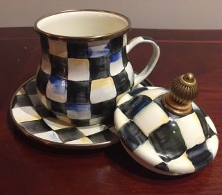 Extremely Rare MACKENZIE CHILDS Courtly Check Enamelware Cup/Mug w/Lid & Saucer 2