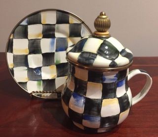 Extremely Rare MACKENZIE CHILDS Courtly Check Enamelware Cup/Mug w/Lid & Saucer 3