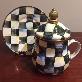 Extremely Rare MACKENZIE CHILDS Courtly Check Enamelware Cup/Mug w/Lid & Saucer 4