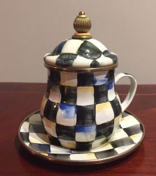 Extremely Rare MACKENZIE CHILDS Courtly Check Enamelware Cup/Mug w/Lid & Saucer 5